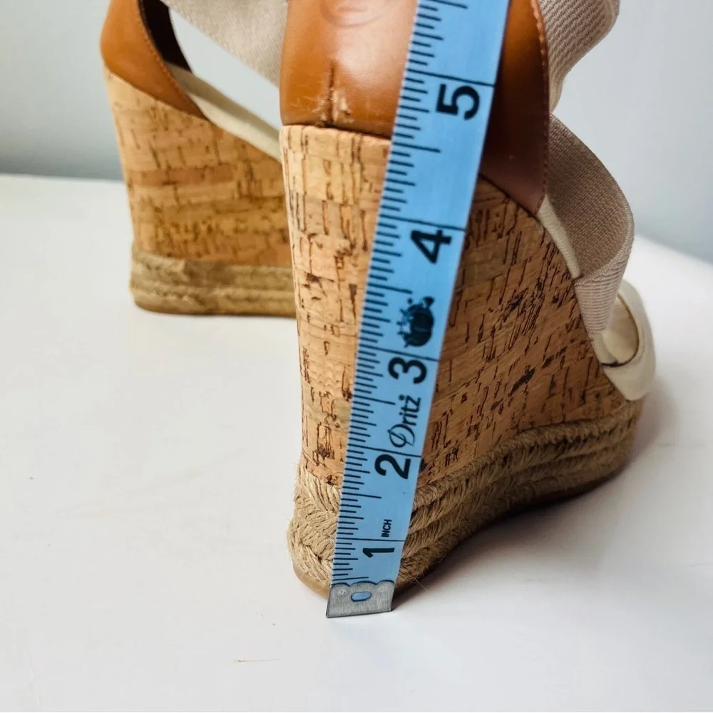 Tory Burch Kate Cream and Tan Woven Espadrille Wedge Platform Sandals